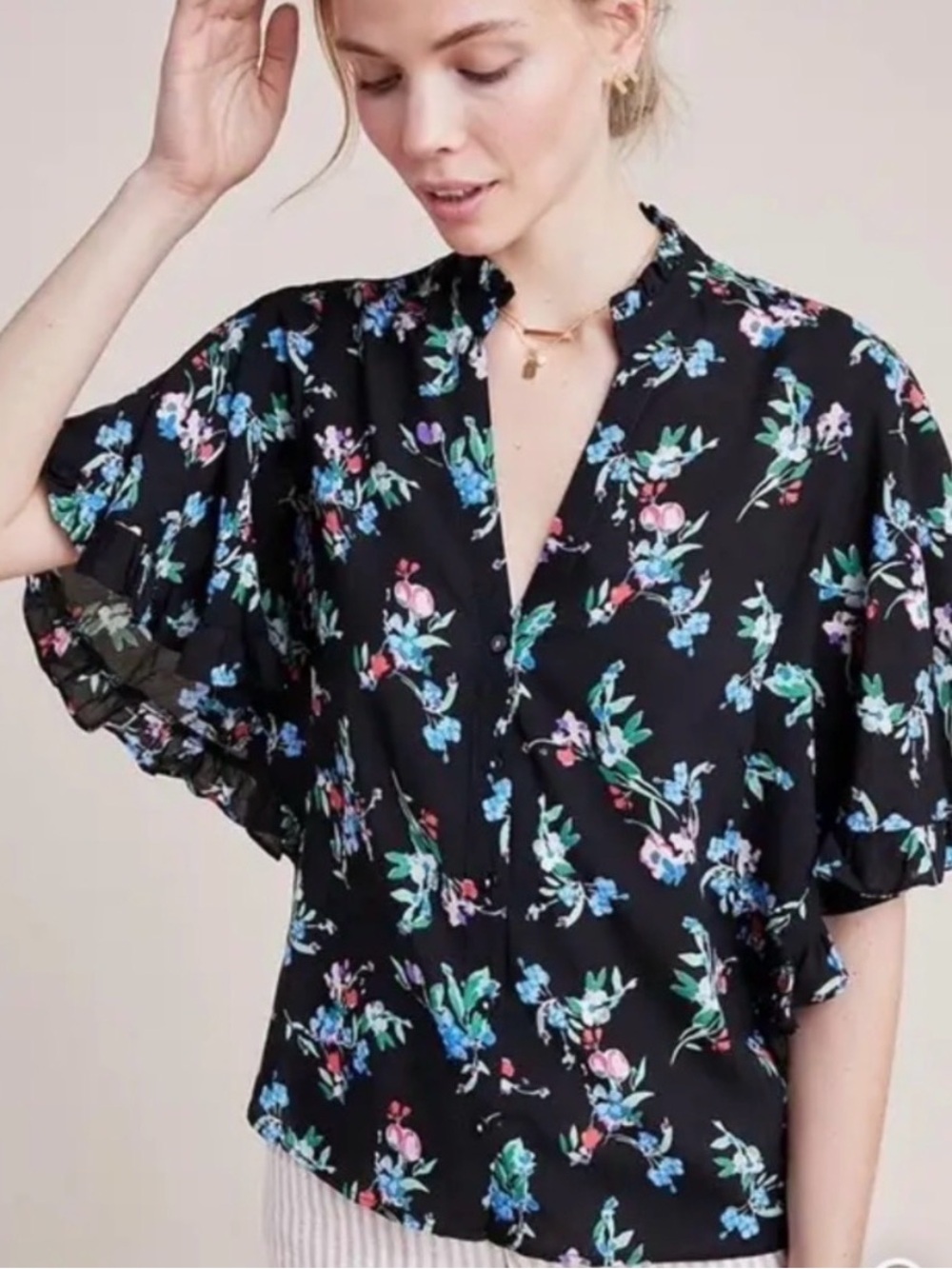 Maeve Black Floral Ruffle-Sleeve Blouse